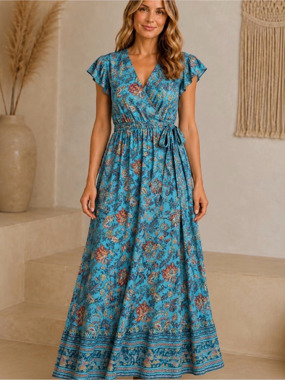 Free People Land of The Free Teal Floral Wrap Maxi Dress Sz L